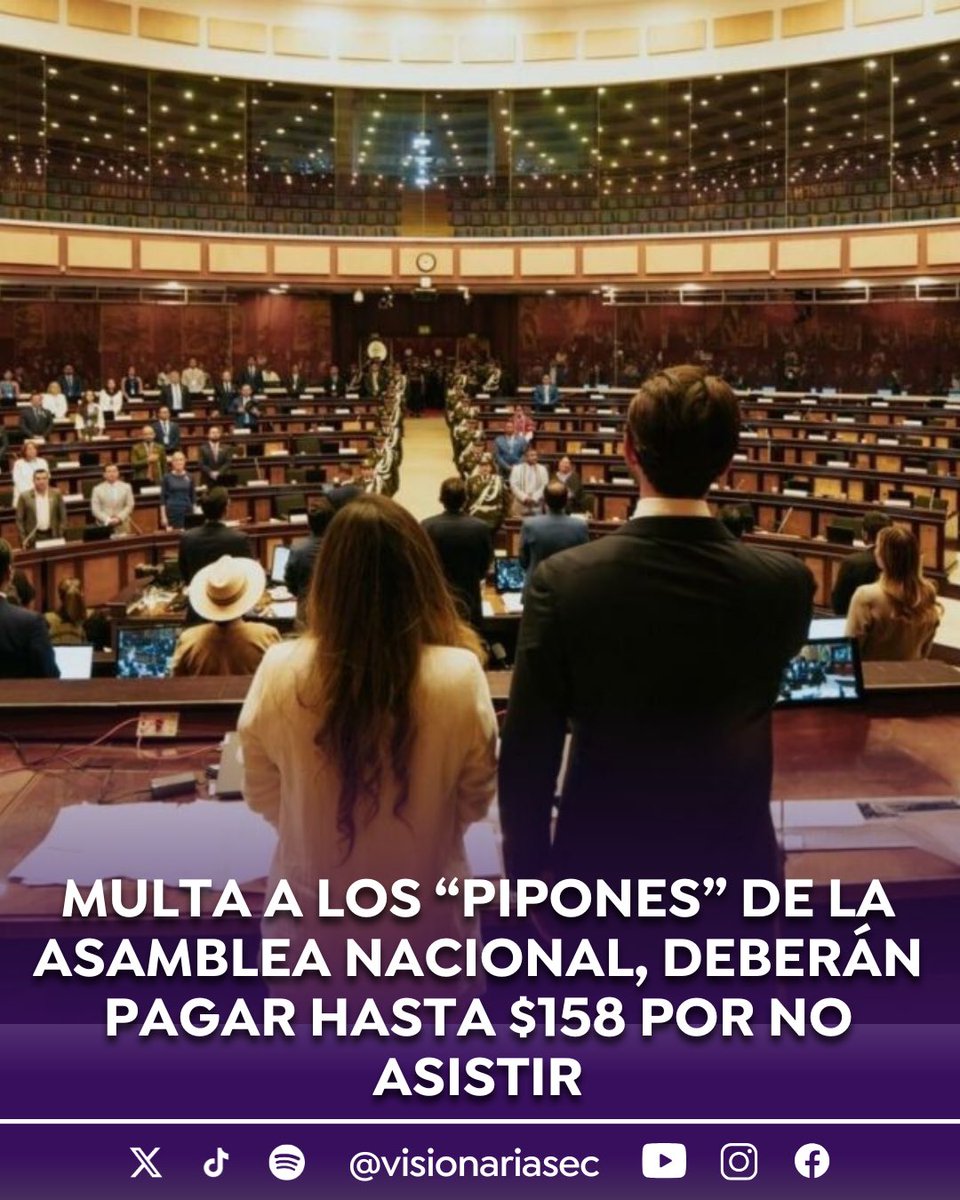 #MiradaNacionalEc | Desde el 1 de junio de 2025, los asambleístas que lleguen tarde o falten a las sesiones plenarias serán sancionados con descuentos de $55,52 y $158,63, respectivamente. 

La disposición fue emitida por el presidente de la Asamblea, Niels Olsen, quien