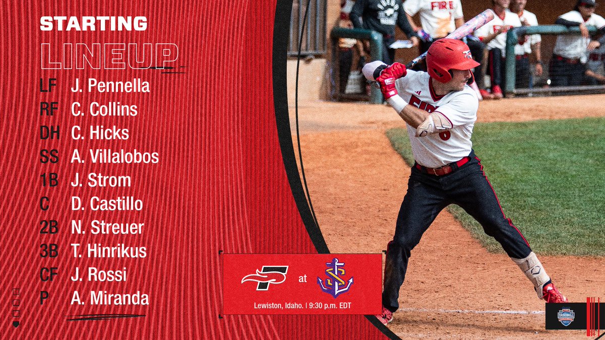 Southeastern Baseball (@seufirebaseball) on Twitter photo With the season on the line, here is the starting lineup for the Fire as they battle the undefeated Pilots!
#FuelTheFire🔥 #TheRightWaytoPlay #BattleForTheRedBanner #NAIABaseball #NAIABBWorldSeries <a href="/NAIABall/">NAIA Ball</a> <a href="/NAIA/">NAIA</a>
<a href="/NAIAWorldSeries/">Avista NAIA World Series</a> <a href="/SunConference/">The Sun Conference</a> With the season on the line, here is the starting lineup for the Fire as they battle the undefeated Pilots!
#FuelTheFire🔥 #TheRightWaytoPlay #BattleForTheRedBanner #NAIABaseball #NAIABBWorldSeries <a href="/NAIABall/">NAIA Ball</a> <a href="/NAIA/">NAIA</a>
<a href="/NAIAWorldSeries/">Avista NAIA World Series</a> <a href="/SunConference/">The Sun Conference</a>
