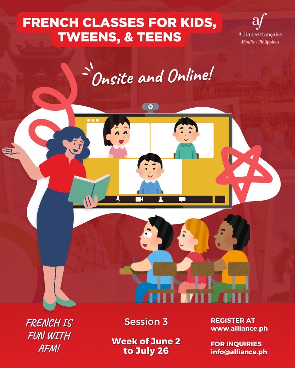 AFManille's tweet image. 📢 Session 3 classes for kids, tweens, and teens start on the week of June 2! Find the class for your child here 👉 bit.ly/KidsTweensTeens

Say « oui ! » to new adventures ✈️🇫🇷 #LearnFrenchwithAFM #FrenchClasses #Frenchlanguage #Kids #Teens #Tweens