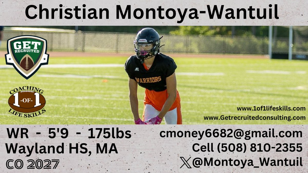 Get Recruited (@get__recruited) on Twitter photo Christian Montoya-Wantuil - CO2027 - WR - 5'9, 175lbs - Athletic, quick, playmaker. Wayland HS, MA. Player profile: app.productiverecruit.com/profile/christβ¦β¦
<a href="/Montoya_Wantuil/">Christian Montoya-Wantuil</a> @1of1lifeskills @ncu_football <a href="/Montclair_FB/">Montclair State Football</a> <a href="/Rowan_Football/">Rowan Football</a> <a href="/SeaGullFootball/">Salisbury University Football</a> <a href="/TCNJfootball/">TCNJ Football</a> <a href="/WPUFootball/">William Paterson Football</a> <a href="/RoanokeFB/">Roanoke College Football</a> Christian Montoya-Wantuil - CO2027 - WR - 5'9, 175lbs - Athletic, quick, playmaker. Wayland HS, MA. Player profile: app.productiverecruit.com/profile/christβ¦β¦
<a href="/Montoya_Wantuil/">Christian Montoya-Wantuil</a> @1of1lifeskills @ncu_football <a href="/Montclair_FB/">Montclair State Football</a> <a href="/Rowan_Football/">Rowan Football</a> <a href="/SeaGullFootball/">Salisbury University Football</a> <a href="/TCNJfootball/">TCNJ Football</a> <a href="/WPUFootball/">William Paterson Football</a> <a href="/RoanokeFB/">Roanoke College Football</a>