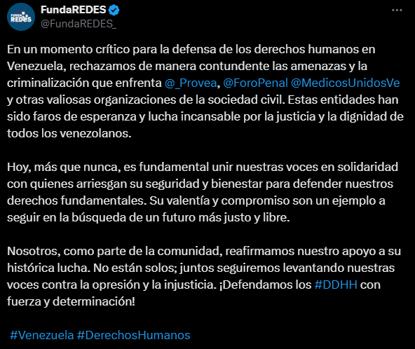 El Diario (@eldiario) on Twitter photo #30May | La ONG <a href="/FundaREDES_/">FundaREDES</a> rechazó las acusaciones por parte del gobierno venezolano contra las organizaciones <a href="/_Provea/">PROVEA</a>, <a href="/ForoPenal/">Foro Penal</a> y <a href="/MedicosUnidosVe/">Médicos Unidos Vzla</a> sobre su presunta vinculación a “planes terroristas” y reiteró su apoyo a las demás organizaciones de la sociedad civil.
“En #30May | La ONG <a href="/FundaREDES_/">FundaREDES</a> rechazó las acusaciones por parte del gobierno venezolano contra las organizaciones <a href="/_Provea/">PROVEA</a>, <a href="/ForoPenal/">Foro Penal</a> y <a href="/MedicosUnidosVe/">Médicos Unidos Vzla</a> sobre su presunta vinculación a “planes terroristas” y reiteró su apoyo a las demás organizaciones de la sociedad civil.
“En