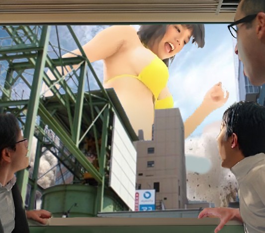 電車に乗っていると大きな揺れが起き、緊急停車した。窓から見上げると、ビルより巨大な少女が楽しそうに走り回っていた。足元では土煙が上がり、ビルも崩れているだろう。彼女は街は自分の遊び場だともいうように無邪気であった。
#giantess #SizeTwiter #巨大娘 #サイズフェチ #篠崎愛 #巨大娘篠崎愛