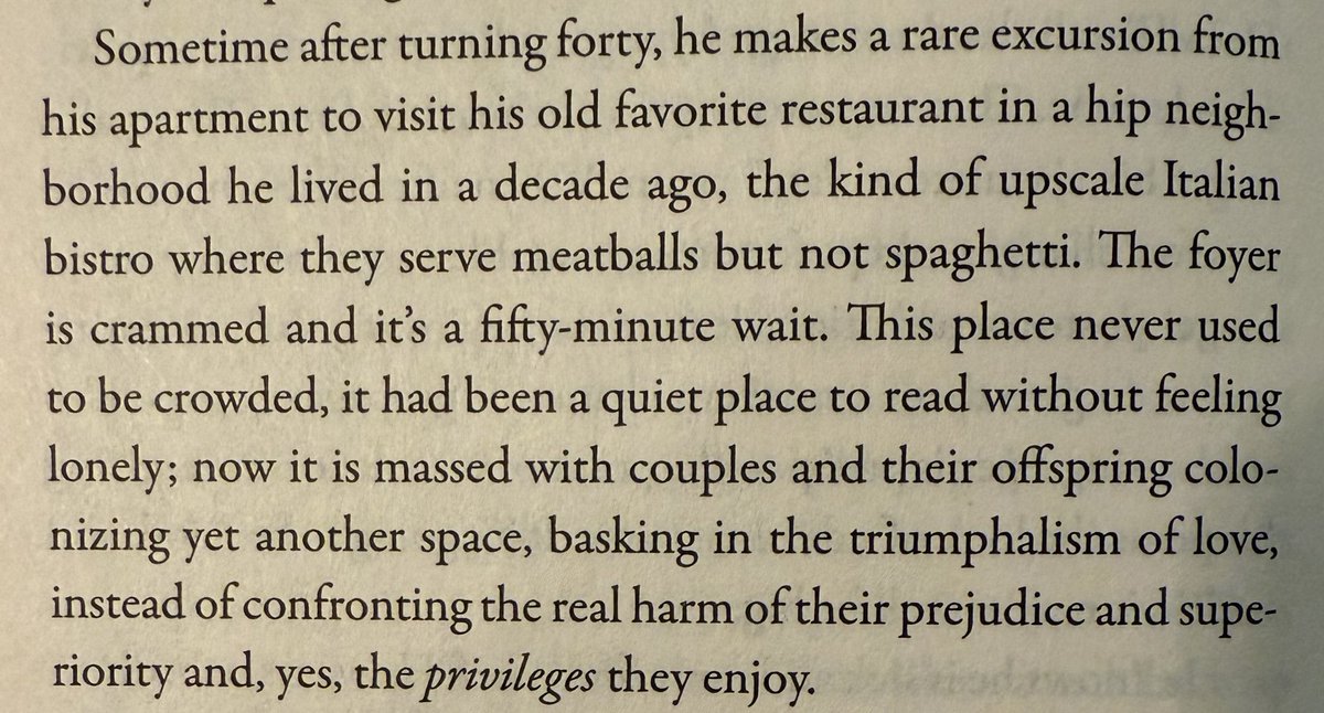Repositioning Play (@goodguyguaranty) on Twitter photo āthe kind of upscale Italian bistro where they serve meatballs but not spaghettiā
Nice turn of phrase from <a href="/tonytula/">Tony Tulathimutte</a>ās āRejectionā, which Iām just starting but can already tell is dark as shit. āthe kind of upscale Italian bistro where they serve meatballs but not spaghettiā
Nice turn of phrase from <a href="/tonytula/">Tony Tulathimutte</a>ās āRejectionā, which Iām just starting but can already tell is dark as shit.