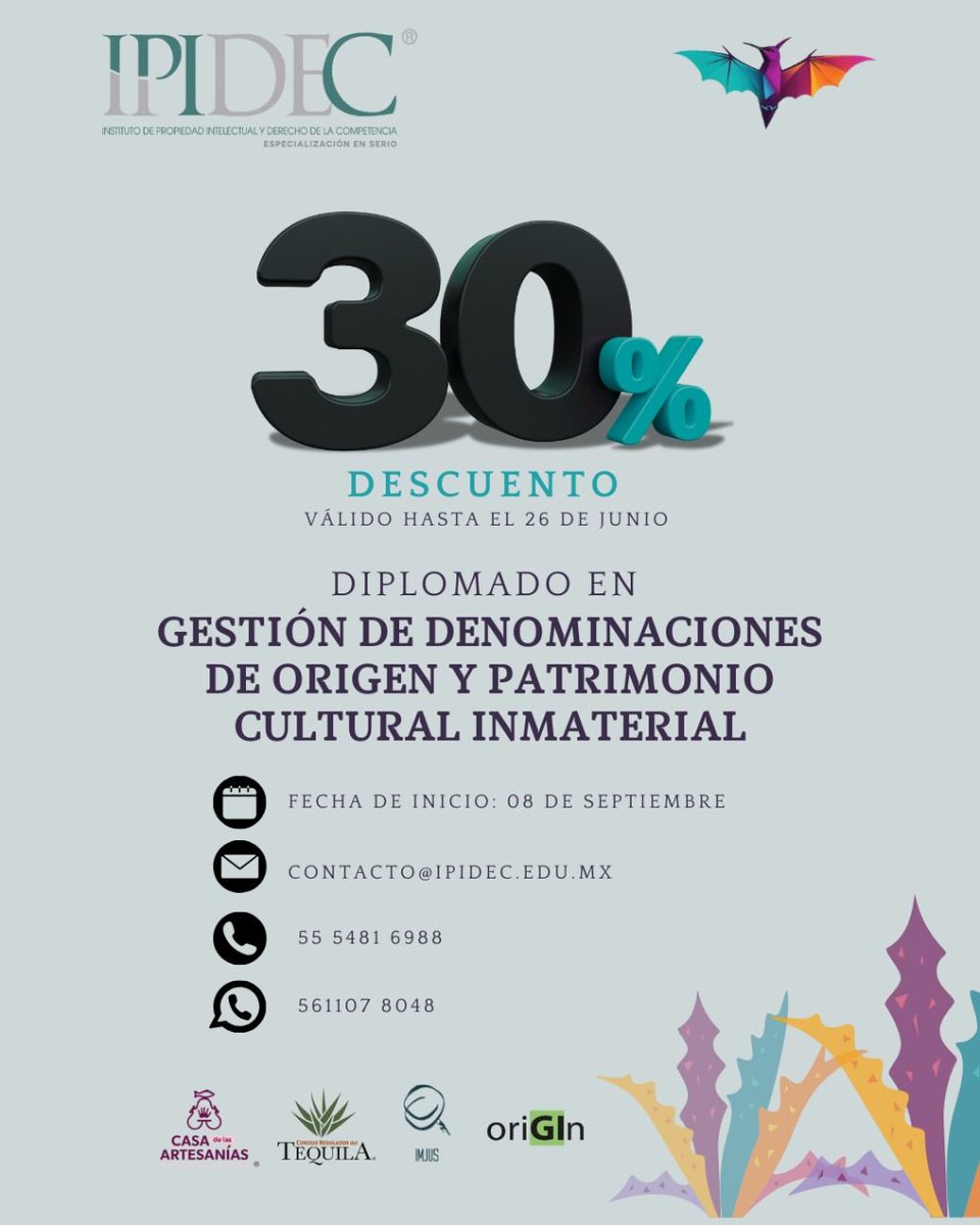 IPIDEC's tweet image. Diplomado en Gestión de Denominaciones de Origen y Patrimonio Cultural Inmaterial!

Después del éxito rotundo de nuestra primera edición, nos emociona anunciar el inicio de la 2da. edición en septiembre de 2025.