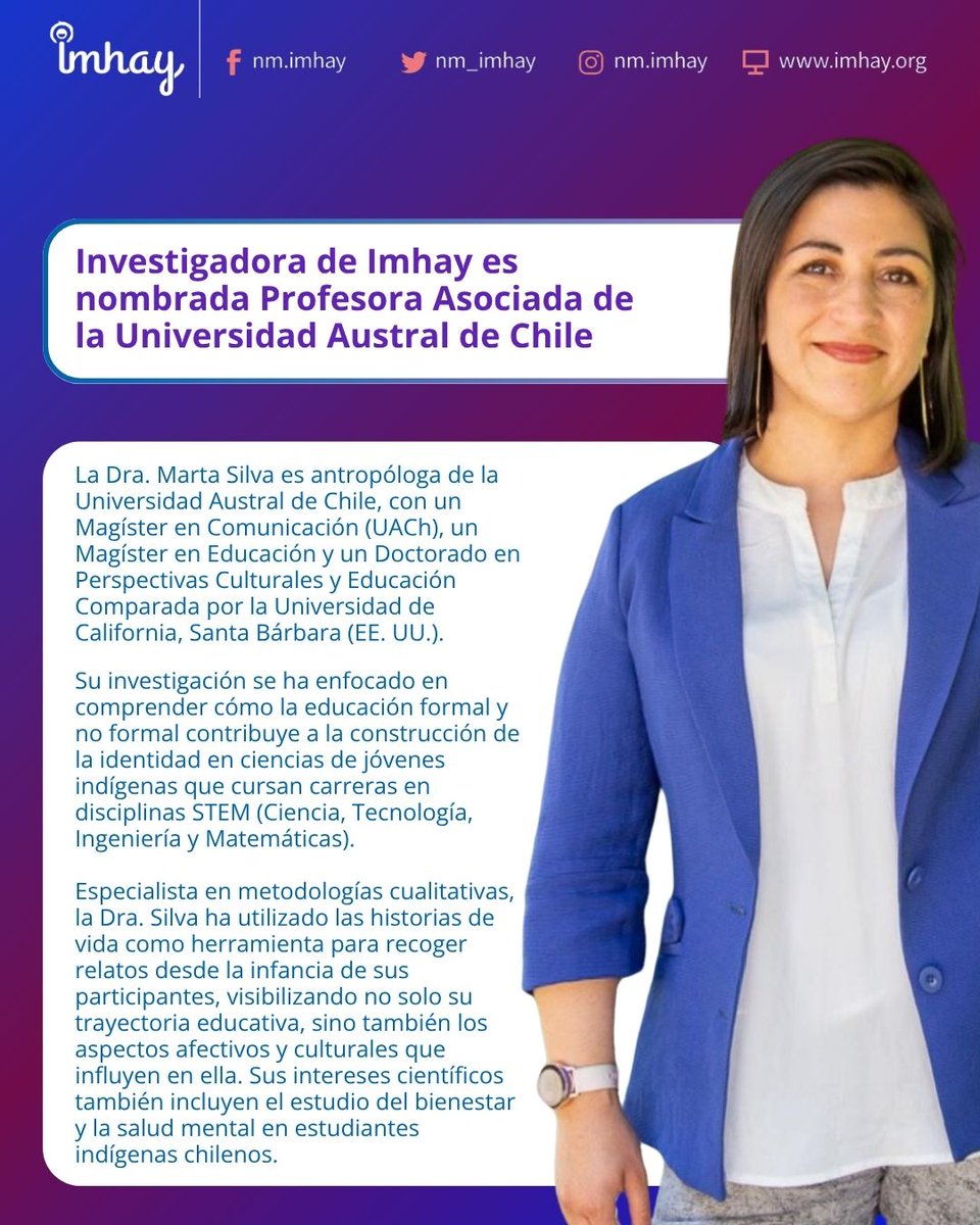 ¡Una gran noticia!
Felicitamos a la Dra. Marta Silva, investigadora de #Imhay y académica de <a href="/UAustraldeChile/">Universidad Austral de Chile</a> , quien ha sido promovida a Profesora Asociada. 

Se trata de un merecido reconocimiento a su trayectoria, compromiso e impacto en la academia. 👏👏👏