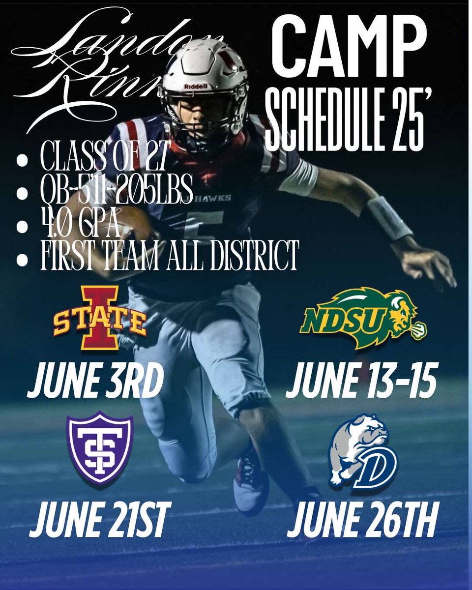 Landon Rinnan (@landonrinnan) on Twitter photo Summer camp schedule!🚨
Thank you to all the coaches for reaching out!
<a href="/CycloneFB/">Iowa State Football</a> <a href="/NDSUfootball/">NDSU Football</a> <a href="/UST_Football/">St. Thomas Football</a> <a href="/DrakeBulldogsFB/">Drake Football</a> <a href="/CoachKelley52/">Dantrell Kelley</a> <a href="/JoeBeschorner/">Joe Beschorner</a> <a href="/MisterLilly/">Patrick Lilly</a> <a href="/CooperMattern/">Cooper Mattern</a> <a href="/Coach_Caruso/">Coach Glenn Caruso</a> <a href="/reidjohnson512/">Reid Johnson</a> <a href="/CoachJoeWoodley/">Coach Joe Woodley</a> Summer camp schedule!🚨
Thank you to all the coaches for reaching out!
<a href="/CycloneFB/">Iowa State Football</a> <a href="/NDSUfootball/">NDSU Football</a> <a href="/UST_Football/">St. Thomas Football</a> <a href="/DrakeBulldogsFB/">Drake Football</a> <a href="/CoachKelley52/">Dantrell Kelley</a> <a href="/JoeBeschorner/">Joe Beschorner</a> <a href="/MisterLilly/">Patrick Lilly</a> <a href="/CooperMattern/">Cooper Mattern</a> <a href="/Coach_Caruso/">Coach Glenn Caruso</a> <a href="/reidjohnson512/">Reid Johnson</a> <a href="/CoachJoeWoodley/">Coach Joe Woodley</a>