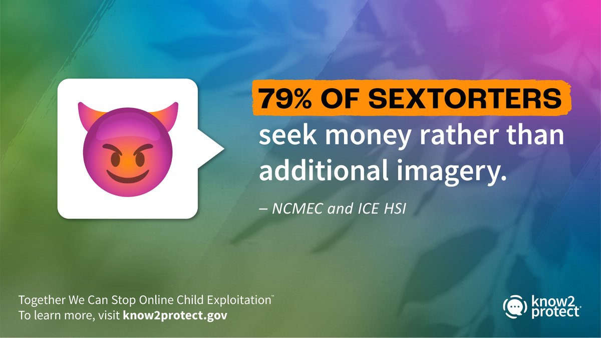 Know2Protect's tweet image. #KnowtheFacts: 79% of sextorters are seeking money rather than additional sexual images, according to @NCMEC. Learn more about the growing threat of sextortion at missingkids.org/theissues/sext….

#K2P #SpringIntoSafety