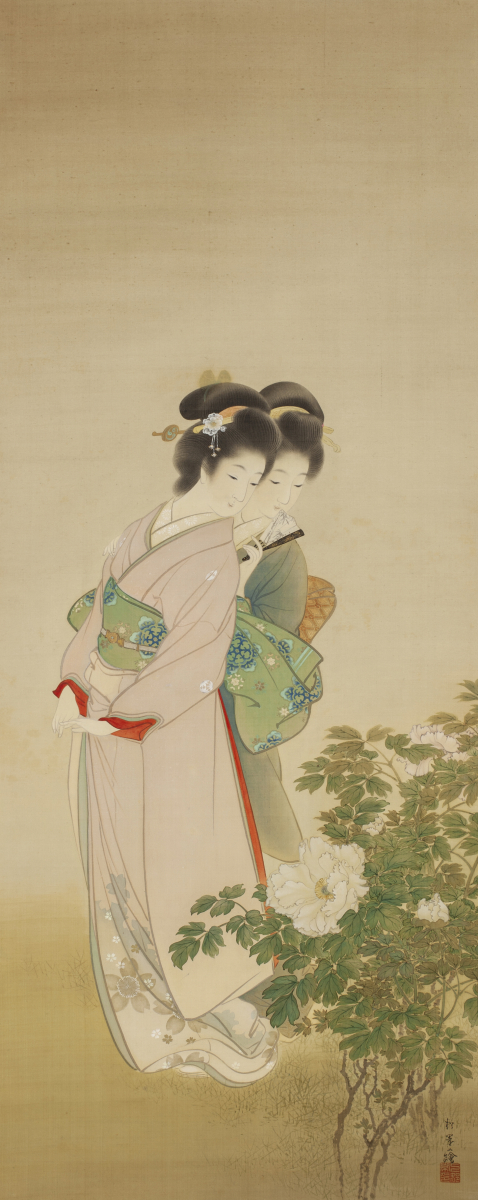 上村松園展 の展示作品をご紹介／ 松園《姉妹》（個人蔵） 見事な牡丹