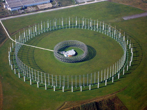 Augsburg, Germany the FLR-9 circular antenna array used during the cold war for HF direction-finding of targeted signals. Covering 1.5MHz to 30MHz, the FLR-9 consisted of ninety-six 120' towers, suspending 1056 vertical elements all over a 1500' diameter ground screen!
