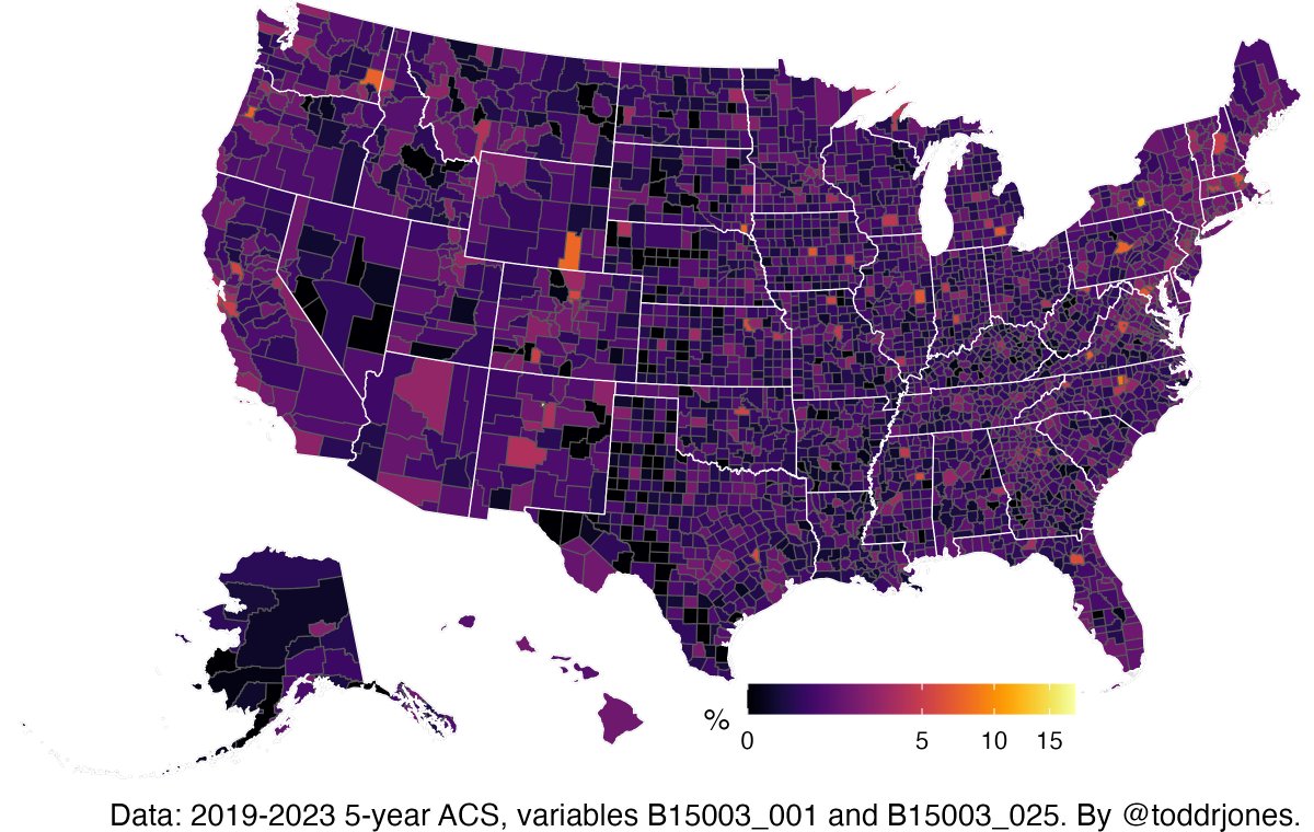 Percent of county (age 25+) with a Ph.D.

The top 8 are: 1. Los Alamos, NM (18%); 2. Lexington City, VA (12%); 3. Tompkins County, NY (12%); 4. Orange County, NC (9%); 5. Charlottesville city, VA (8%); 6. Albany County, WY (8%); 7. Whitman County, WA; 8. Centre County, PA.