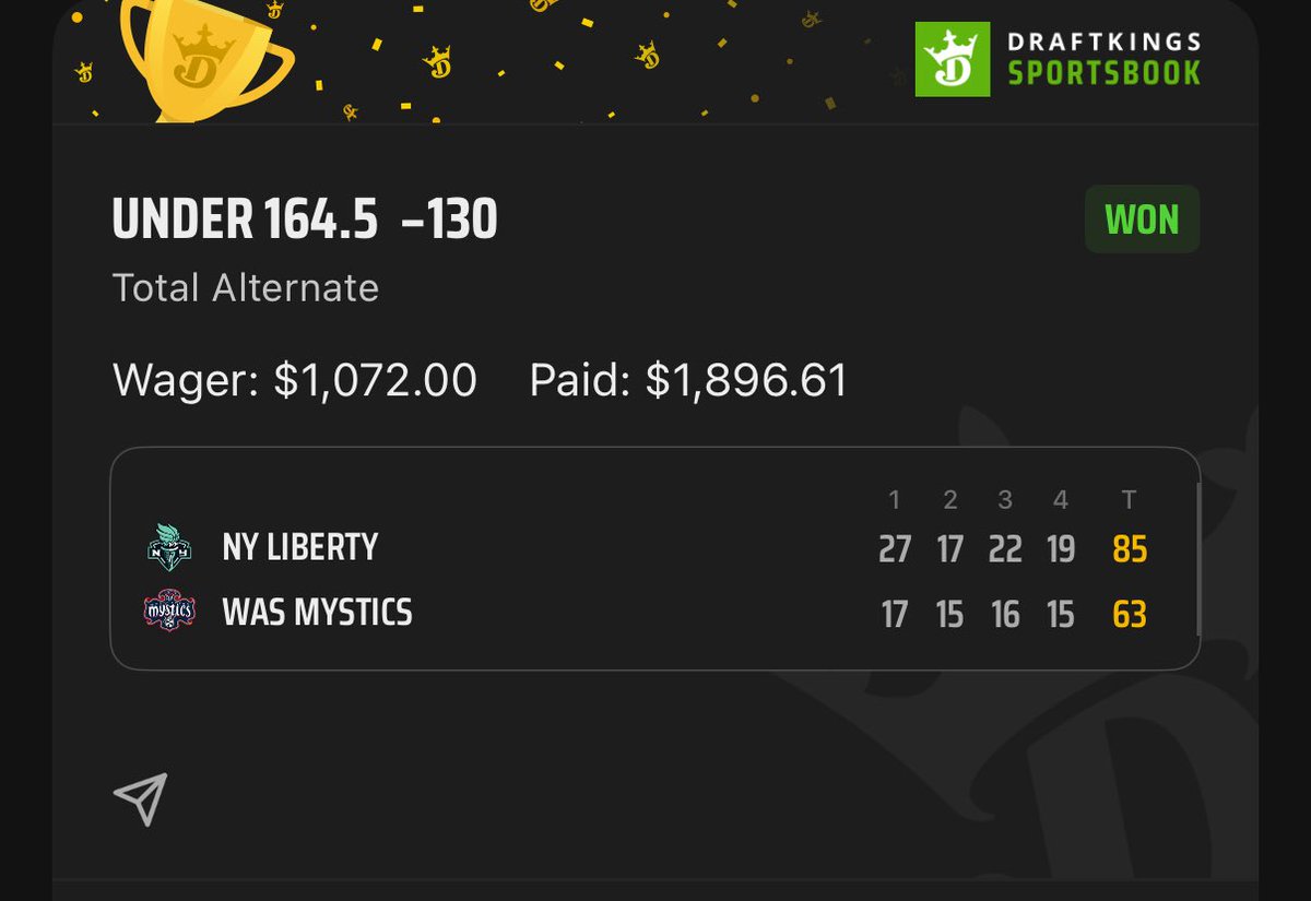 Step 5 : Liberty/Mystics U164.5 ✅

❤️ FOR $3200 > $6400