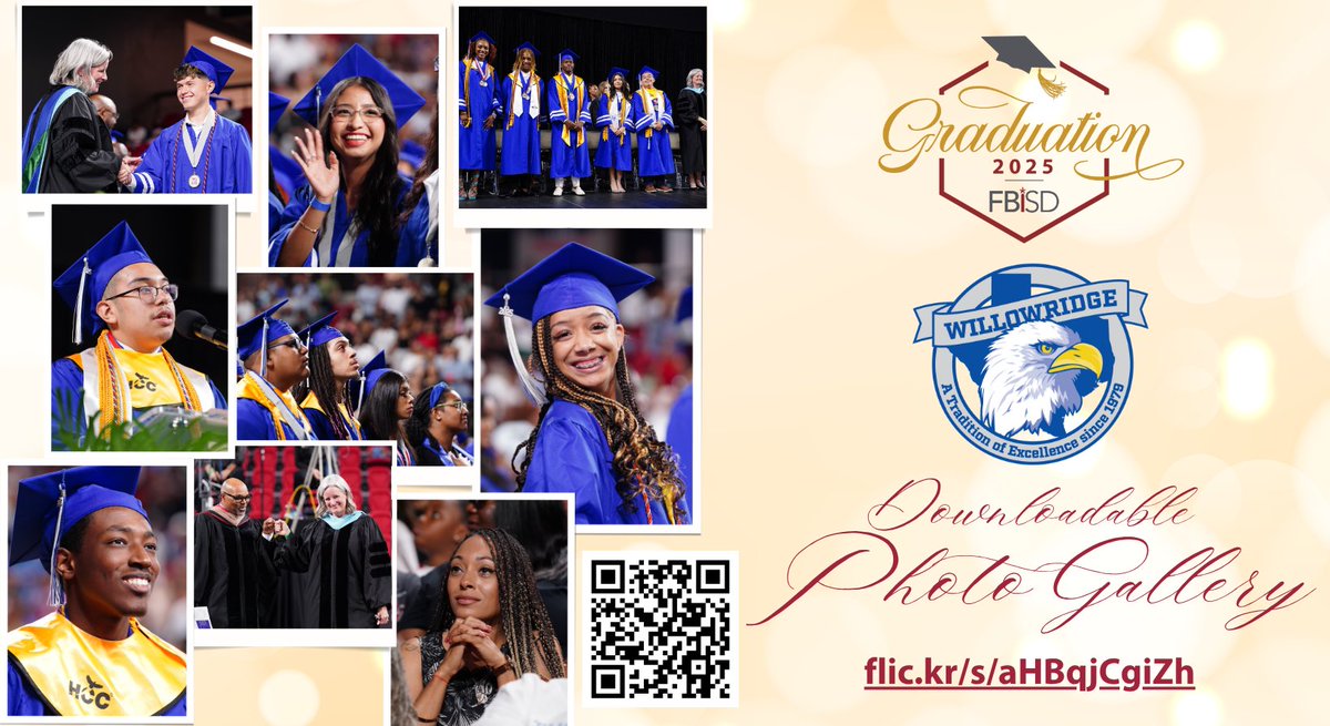 Fort Bend ISD (@fortbendisd) on Twitter photo 🎓 Celebrate our Fort Bend ISD graduates! The Willowridge High School Class of 2025 photo gallery is now live. View and download your favorite photos from this special day. Soar high, Eagles! flic.kr/s/aHBqjCgiZh
#FBISDGraduation #ClassOf2025 #FBISDProud <a href="/Willowridge_HS/">Willowridge HS</a> 🎓 Celebrate our Fort Bend ISD graduates! The Willowridge High School Class of 2025 photo gallery is now live. View and download your favorite photos from this special day. Soar high, Eagles! flic.kr/s/aHBqjCgiZh
#FBISDGraduation #ClassOf2025 #FBISDProud <a href="/Willowridge_HS/">Willowridge HS</a>