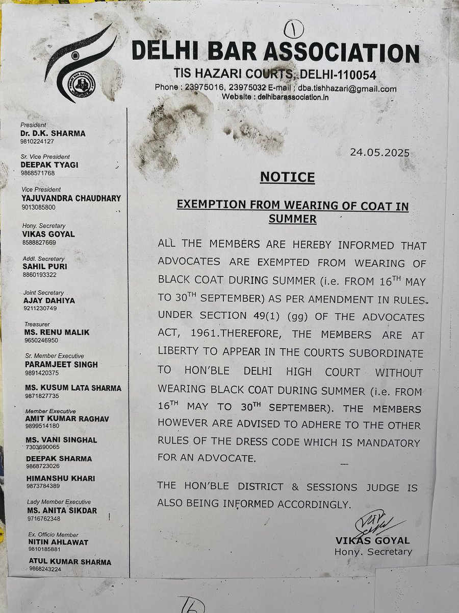 Delhi Bar Association exempts advocates from wearing coat in summer from May to September. 

Welcome move for all advocates in the capital.