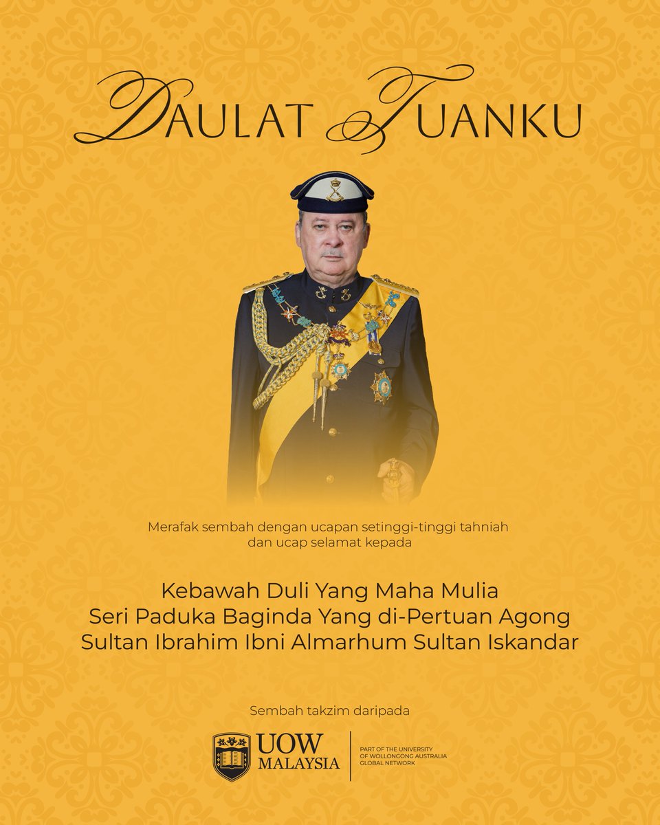 Merafak sembah dengan ucapan setinggi-tinggi tahniah dan ucap selamat kepada

Kebawah Duli Yang Maha Mulia Seri Paduka Baginda Yang di-Pertuan Agong Sultan Ibrahim ibni Almarhum Sultan Iskandar

Sembah takzim daripada,
UOW Malaysia

#UOWMalaysia #UOWesome #UOWMlife