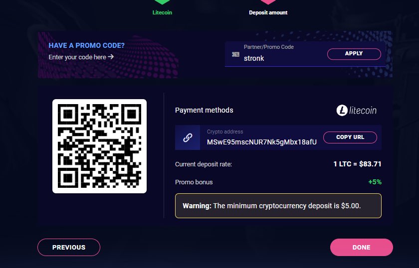 reply with a screenshot of using code stronk on daddyskins + ur ltc depo adress (in the SS but also paste it)

Also RT