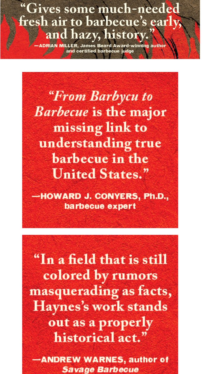 Here are some reviews of “From Barbycu to Barbecue.”

This book sheds new light on the origins and history of barbecue in the United States. It shows that the southern #BBQ tradition is purely American and wasn’t imported.

tinyurl.com/t2xcwm88