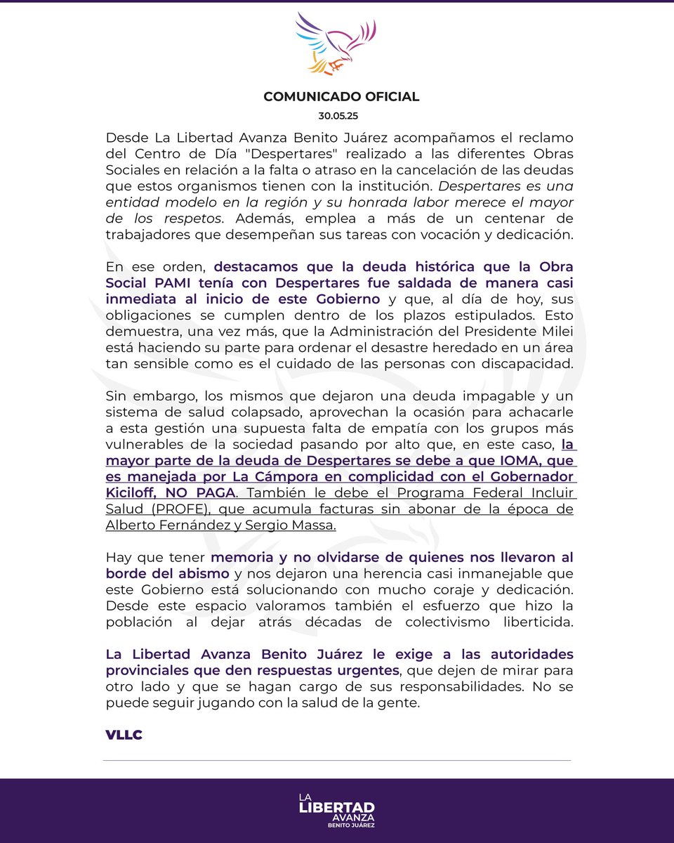 LLAvanzaBJ's tweet photo. #Comunicado
#LALIBERTADAVANZA
#BenitoJuarez
#JavierMilei https://t.co/HqKvjq0sxn