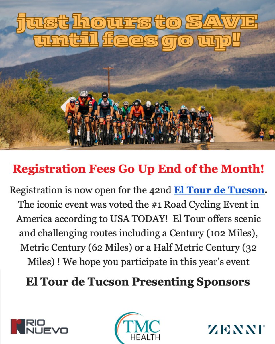 Registration is now open for the 42nd El Tour de Tucson. We hope you participate in this year’s event on November 22, 2025.