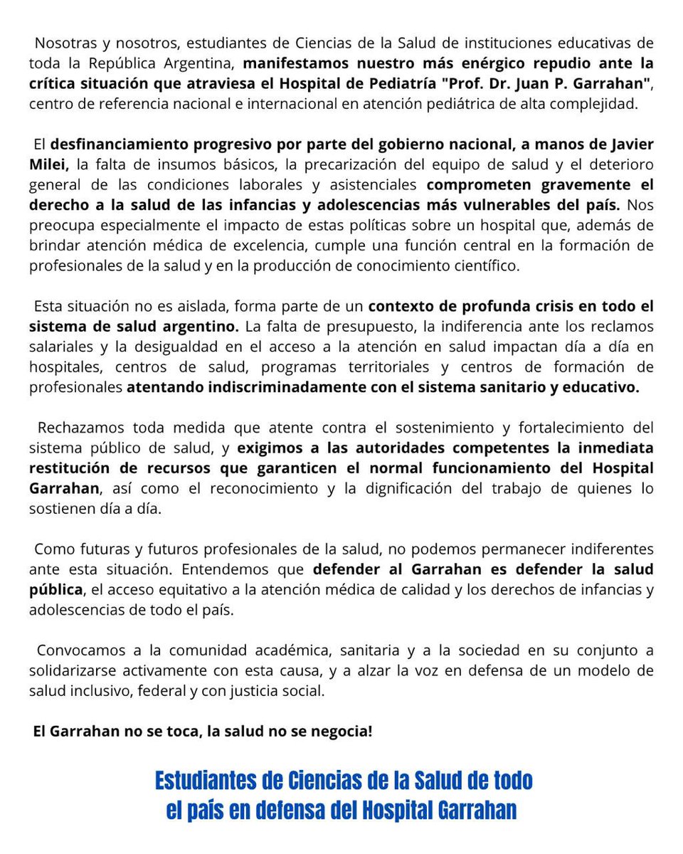 lacampora_univ's tweet image. UNIVERSITARIOS DE CIENCIAS DE LA SALUD EN DEFENSA DEL HOSPITAL GARRAHAN ❤️ 🗣️
Estudiantes de las universidades de todo el país adherimos y nos manifestamos en defensa del hospital Garrahan y en contra de las políticas de ajuste de Javier Milei.