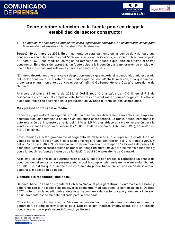 🔴Comunicado de prensa🔴

Decreto sobre retención en la fuente pone en riesgo la estabilidad del sector constructor

La medida impone cargas impositivas sobre ingresos no causados, en un momento crítico para la inversión y el empleo en la construcción de vivienda.

Vea el