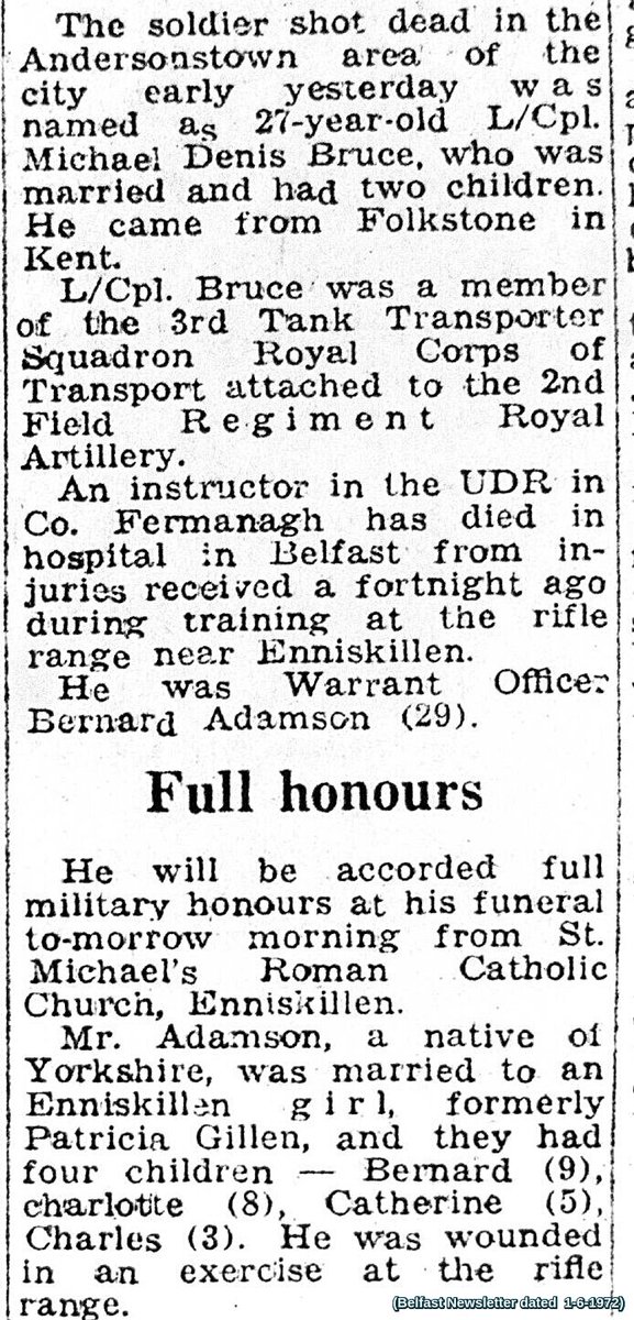 Hannyhas's tweet photo. #Remembered 31/5/1972, UDR Bernard Adamson, 30, married father of 4 from Yorkshire, living Derrin Rd, Enniskillen, Firearms Instructor fatally shot 17/5/72, during training exercise, Letterbreen, Fermanagh. Died #OTD. Interred local &amp; service in RC Chapel. https://t.co/rnFruBAnpj https://t.co/LCGGyEdBt5
