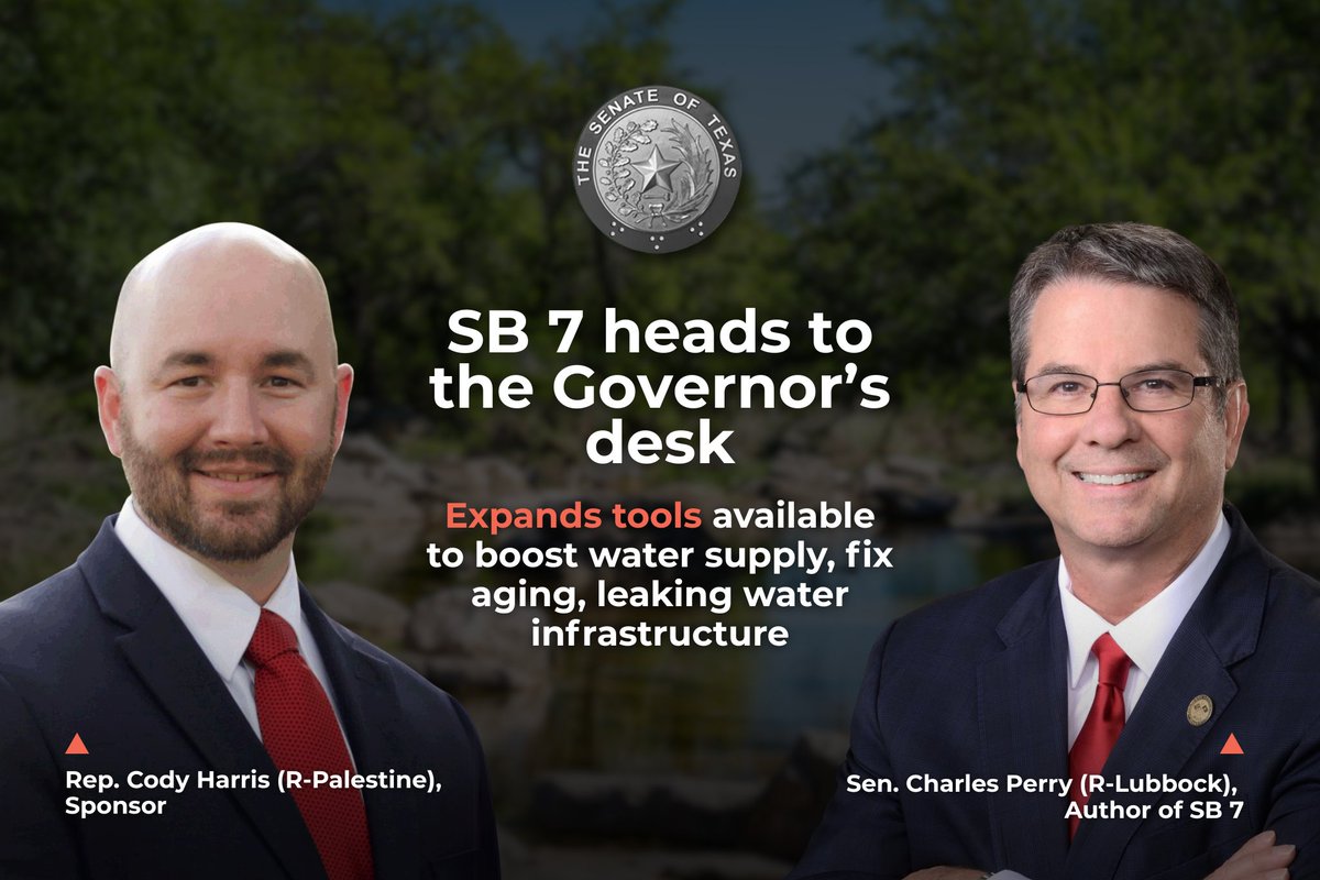 Texas 2036 (@texas2036) on Twitter photo Major win for #txwater! 💧
SB 7 is headed to the Governor’s desk — expanding tools to boost water supply and fix aging, leaking infrastructure.
👏 Congrats to Sen. <a href="/electcharles/">Sen. Charles Perry</a> & Rep. <a href="/CodyforTexas/">Cody Harris</a> on the bill’s passage! #txlege Major win for #txwater! 💧
SB 7 is headed to the Governor’s desk — expanding tools to boost water supply and fix aging, leaking infrastructure.
👏 Congrats to Sen. <a href="/electcharles/">Sen. Charles Perry</a> & Rep. <a href="/CodyforTexas/">Cody Harris</a> on the bill’s passage! #txlege