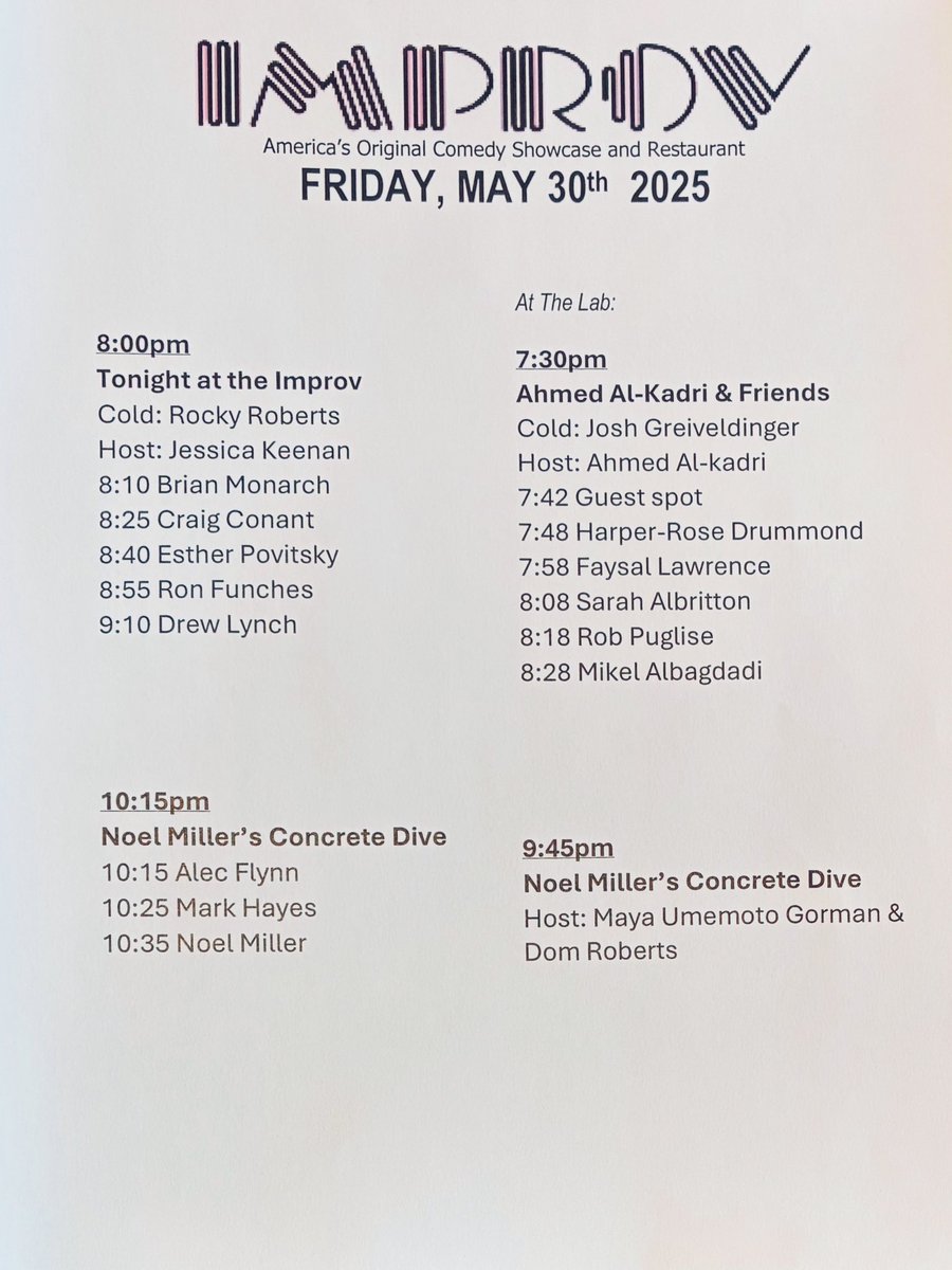 HollywoodImprov's tweet photo. Set times tonight! Noel Miller’s Concrete Dive is SOLD OUT in both rooms! Get the last tickets for the 8:00pm Main Room or 7:30pm Lab shows at https://t.co/2zDeuaxmTE or arrive early and buy at the door! #hollywoodimprov #comedy https://t.co/jc7es1ML5E