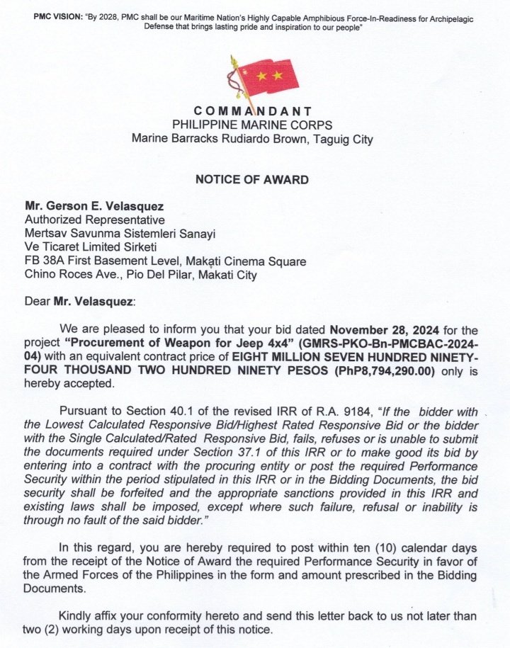 ReHorizon3's tweet photo. The Philippine Navy released the Notice of Award for the Weapon Systems of the Philippine Marine Corps (@AlphaCoyMarines 🇵🇭)'s Jeep 4x4 (KOVICO KMPV) Light Tactical Vehicles. The contract price is 8,790,290 pesos. The PMC acquired six KOVICO KMPV LTVs, and rescue vehicle version. https://t.co/EJZq1TRRMN