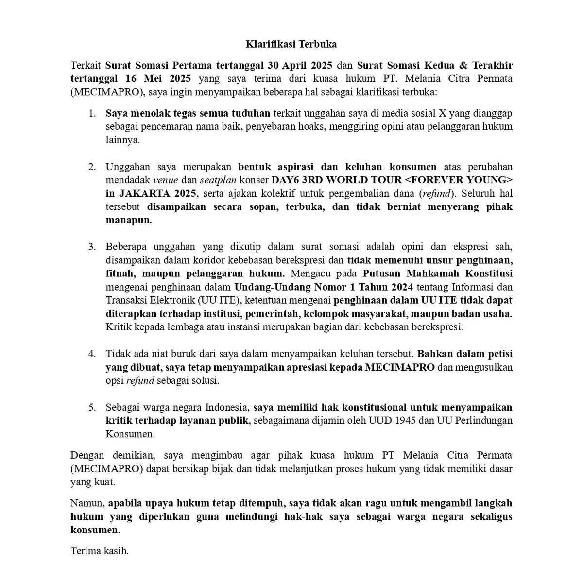 ngeluhmuluuu's tweet image. Klarifikasi Terbuka terkait Surat Somasi Pertama tertanggal 30 April 2025 dan Surat Somasi Kedua &amp;amp; Terakhir tertanggal 16 Mei 2025 yang saya terima dari kuasa hukum PT. Melania Citra Permata (MECIMAPRO).