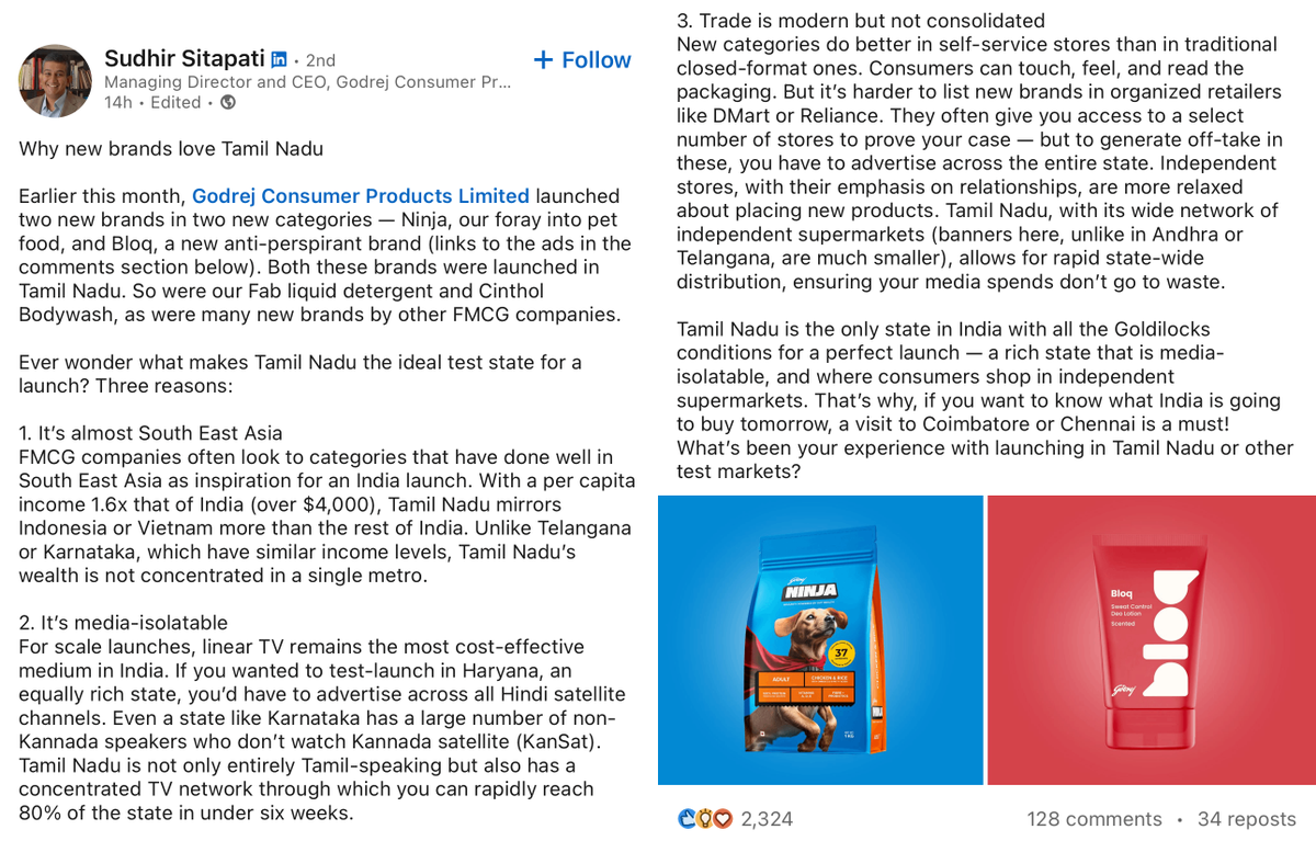 "If you want to know what India is going to buy tomorrow, a visit to Coimbatore or Chennai is a must. Tamil Nadu is the only state in India with all the Goldilocks conditions for a perfect launch — a rich state that is media-isolatable, and where consumers shop in independent