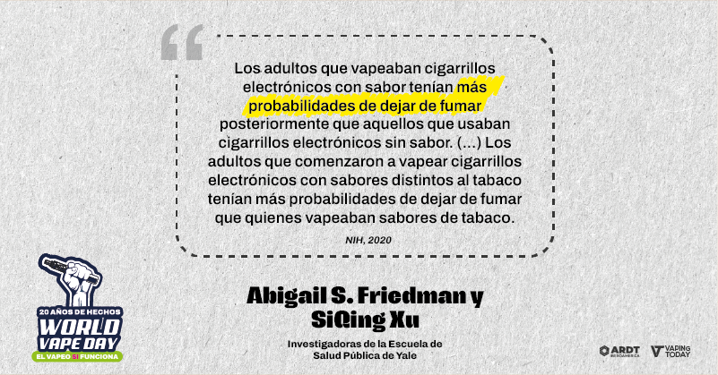 Estudios de Yale confirman: los sabores ayudan a dejar de fumar. Más probabilidades de éxito para los vapeadores.
#WorldVapeDay #20AñosSinHumo #ReducciónDeDañosYa #MiSaludMiElección

<a href="/echelecabeza/">Échele Cabeza</a>, <a href="/NicotinaRRD/">Plataforma para la Reducción de Daños en Nicotina</a>, <a href="/anesvap/">ANESVAP</a>, <a href="/provapeomexico/">Pro-Vapeo Mexico A.C.</a>, <a href="/AsovapeCR/">Asovape Costa Rica</a>, <a href="/ARDTPanama/">ARDT Panamá</a>, <a href="/AsoVape/">AsoVape Colombia</a>,