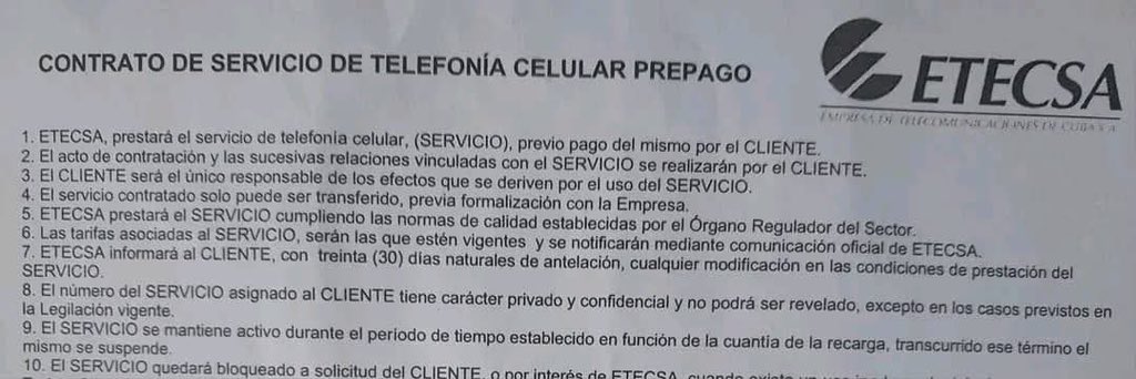 Etecsa incumplió el artículo #7 de su contrato de servicio de telefonía celular prepago el cual los obligaba a notificar a los clientes con 30 días de antelación, cualquier modificación en las condiciones de prestación del servicio.