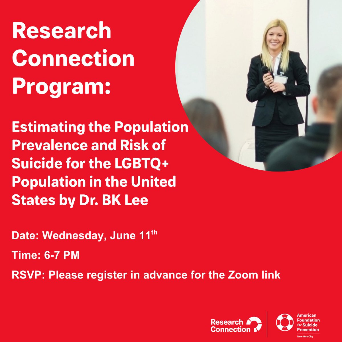 JOIN US this upcoming Pride Month 🌈

🔬 Research Connection with Dr. B.K. Lee
📅 Wednesday, June 11th
🕕 6:00–7:00 PM ET
Topic: Estimating the Population Prevalence and Risk of Suicide for the LGBTQ+ Population in the United States.

REGISTER: …ection-program-nyc2025.attendease.com