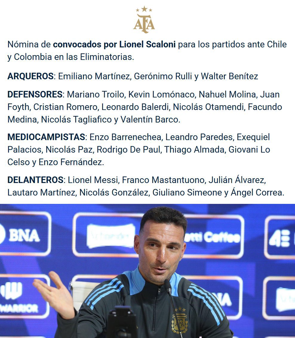 porquetendencia's tweet photo. "Scaloni":
Por el anuncio de los convocados a la Selección Argentina para los partidos de #Eliminatorias ante Chile y Colombia https://t.co/741ZRqNMrA