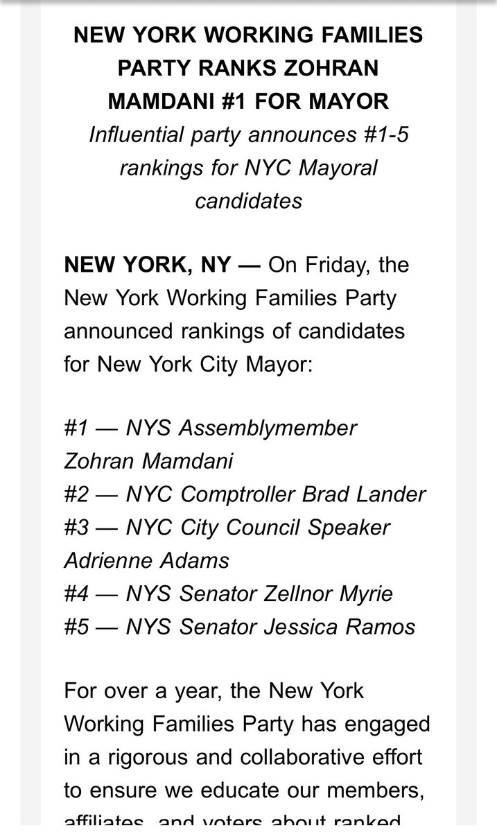 The Working Families Party is not only ranking Zohran Mamdani first but expanding its slate to endorse state Sen. Jessica Ramos for mayor (ranked 5th).

“The polls and fundraising numbers tell a clear story about who is best poised to defeat Cuomo — that candidate is Zohran.”