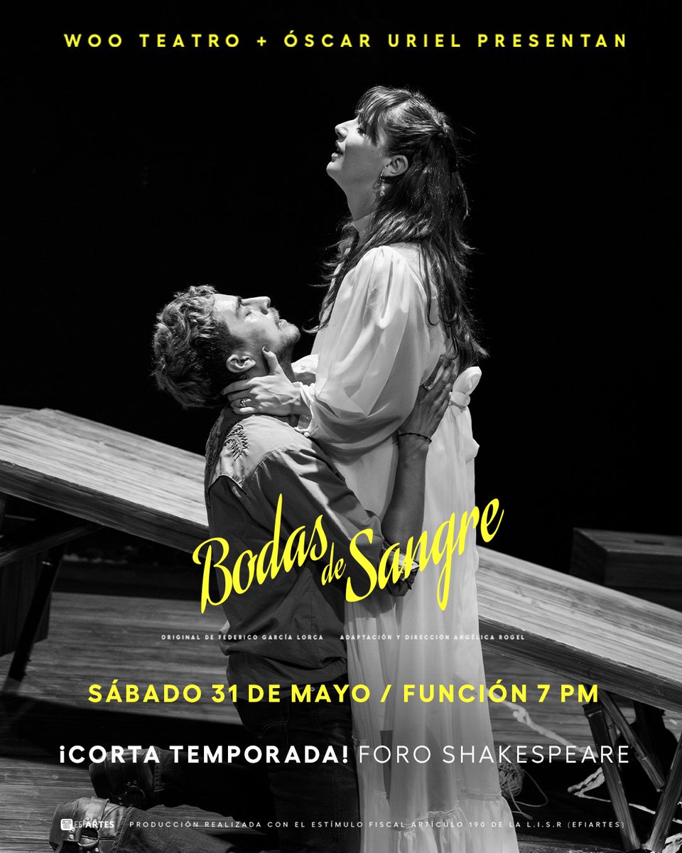 BODAS DE SANGRE (@bodasdesangremx) on Twitter photo 🔪❤️🔥 Bodas de Sangre deja huella. ❤️🔥🔪
Una historia intensa, cercana y de la que cada vez más se habla.
Y sí... es corta temporada. ⏳
📍<a href="/ForoShakespeare/">Foro Shakespeare</a>
🗓️ Sábado 31 de mayo
🕖7:00 PM
¿Ya apartaste tu lugar? 🎟️
📸 Ig: <a href="/mariana_ra/">Mariana Rodriguez</a> 🔪❤️🔥 Bodas de Sangre deja huella. ❤️🔥🔪
Una historia intensa, cercana y de la que cada vez más se habla.
Y sí... es corta temporada. ⏳
📍<a href="/ForoShakespeare/">Foro Shakespeare</a>
🗓️ Sábado 31 de mayo
🕖7:00 PM
¿Ya apartaste tu lugar? 🎟️
📸 Ig: <a href="/mariana_ra/">Mariana Rodriguez</a>