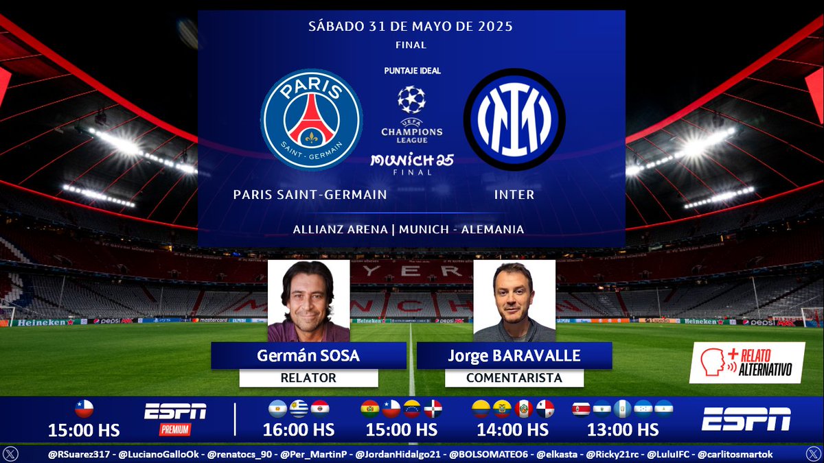 Puntaje Ideal (@puntaje_ideal) on Twitter photo ⚽ #UCL | 🇫🇷 #ParisSaintGermain vs. #Inter 🇮🇹
🎙 Relator: <a href="/GermanSosaEspn/">German Sosa</a>
🎙 Comentarista: <a href="/jorgebaravalle/">Jorge Baravalle</a>
📺 #ESPNPremium 🇨🇱
📺 #ESPN Centroamérica y Sudamérica
🗣️ Relato Alternativo (SAP) para personas con discapacidad visual
💻📱 <a href="/disneyplusla/">Disney+ Latinoamérica</a>
🤳 #CHAMPIONSxESPN
Dale RT 🔃 ⚽ #UCL | 🇫🇷 #ParisSaintGermain vs. #Inter 🇮🇹
🎙 Relator: <a href="/GermanSosaEspn/">German Sosa</a>
🎙 Comentarista: <a href="/jorgebaravalle/">Jorge Baravalle</a>
📺 #ESPNPremium 🇨🇱
📺 #ESPN Centroamérica y Sudamérica
🗣️ Relato Alternativo (SAP) para personas con discapacidad visual
💻📱 <a href="/disneyplusla/">Disney+ Latinoamérica</a>
🤳 #CHAMPIONSxESPN
Dale RT 🔃