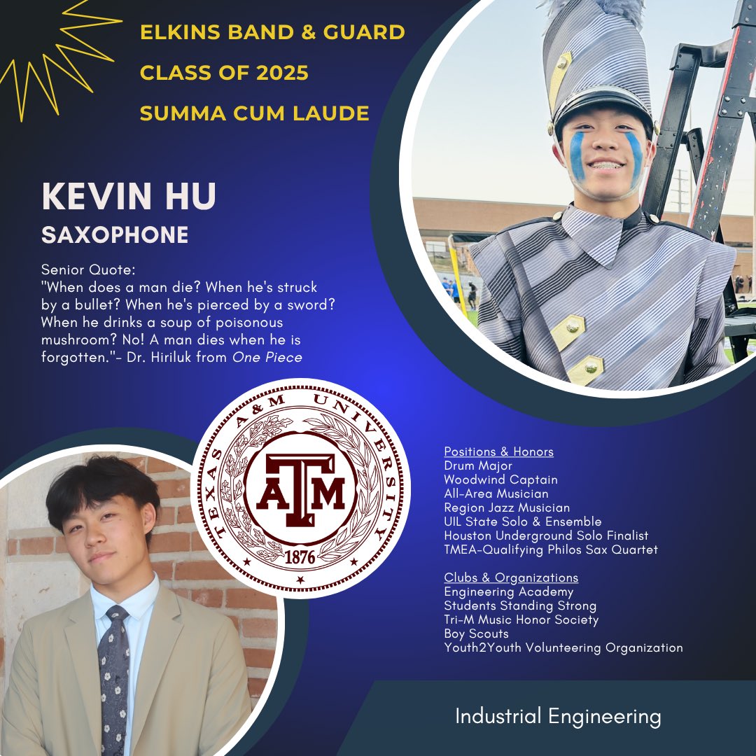 Congratulations to EHS Band Senior &amp; Drum Major, Kevin Hu! 💙💛