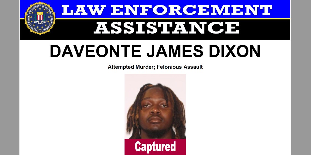 FBI Cincinnati (@fbicincinnati) on Twitter photo Daveonte Dixon has been taken into custody. Thank you for the support of the community during this investigation. <a href="/OHFCSO/">Franklin County Sheriff’s Office</a> is leading the ongoing investigation into the shooting of the Mifflin Township officers. We continue to hope for their full recovery. Daveonte Dixon has been taken into custody. Thank you for the support of the community during this investigation. <a href="/OHFCSO/">Franklin County Sheriff’s Office</a> is leading the ongoing investigation into the shooting of the Mifflin Township officers. We continue to hope for their full recovery.
