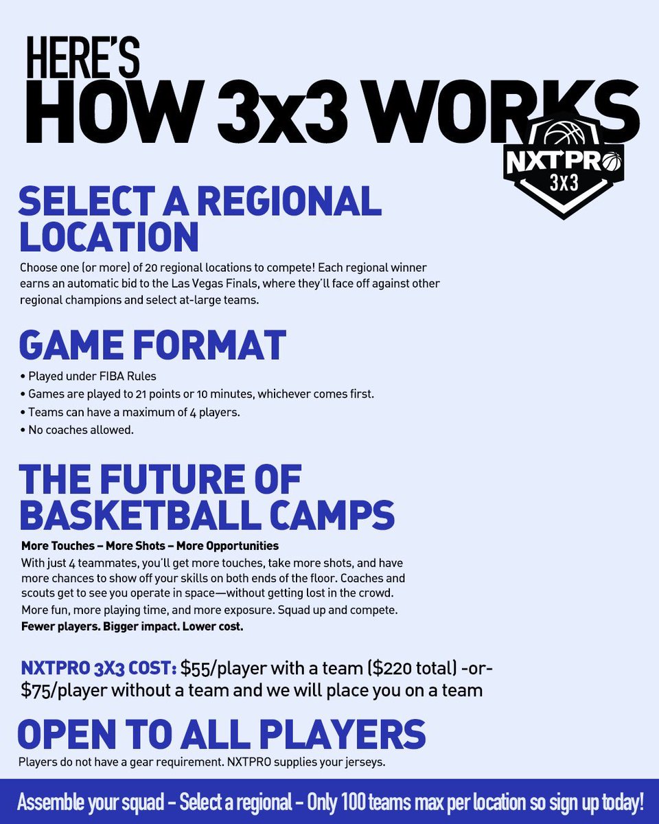 Gallagher_P7's tweet image. NXTPRO 3x3 is coming this Fall!
Pick a location and register your team now for a chance to compete for a National Championship
nxtprohoops.com/3x3-league/
