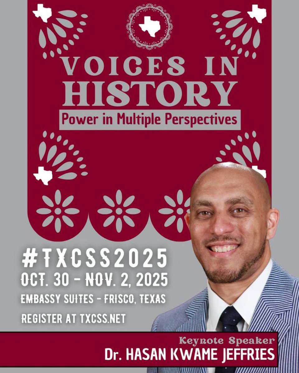 SocialStudiesTx (@socialstudiestx) on Twitter photo My name is Gabriel and Iām the President of <a href="/TxSocialStudies/">TX Social Studies</a> . Iād like to invite you all to #txcss2025 keynoted by <a href="/ProfJeffries/">Hasan Kwame Jeffries</a> - This yearās theme - Voices in History , celebrates the stories that shape us. Letās connect, learn, and honor the power of our stories together My name is Gabriel and Iām the President of <a href="/TxSocialStudies/">TX Social Studies</a> . Iād like to invite you all to #txcss2025 keynoted by <a href="/ProfJeffries/">Hasan Kwame Jeffries</a> - This yearās theme - Voices in History , celebrates the stories that shape us. Letās connect, learn, and honor the power of our stories together