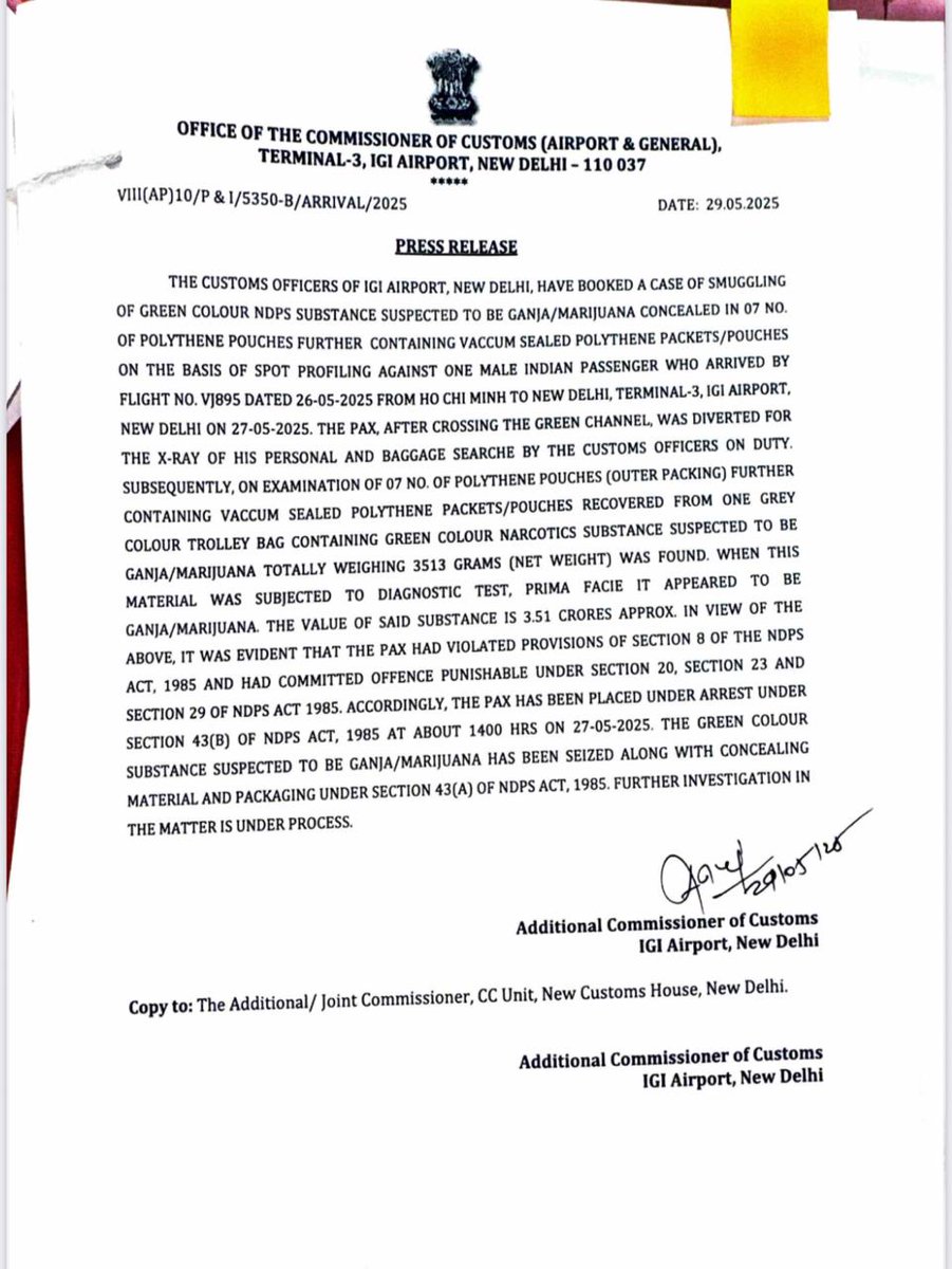 Delhi Customs Intercepts ₹3.51 Crore approx. Ganja(Hydroponic) Smuggling Attempt at IGI Airport  On 27.05.2025, alert Customs officers at Terminal-3, IGI Airport, New Delhi booked a case of drug smuggling based on spot profiling. An Indian passenger traveling from Ho Chi Minh to