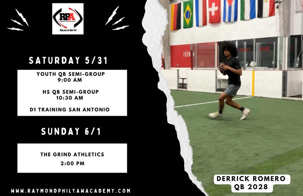 Raymond Philyaw (@coachphilyaw) on Twitter photo Weekend QB Training Sat 5/31, Sun 6/1
SATURDAY 5/31 📍D1 Training San Antonio
•Youth QBs - 9:00 AM
•HS/College QBs - 10:30 AM
SUNDAY 6/1 THE GRIND HS GROUP
•HS/College Group 2:00 PM
💥 WR Training available <a href="/brentholmes21/">BrentHolmes</a> 💥 Weekend QB Training Sat 5/31, Sun 6/1
SATURDAY 5/31 📍D1 Training San Antonio
•Youth QBs - 9:00 AM
•HS/College QBs - 10:30 AM
SUNDAY 6/1 THE GRIND HS GROUP
•HS/College Group 2:00 PM
💥 WR Training available <a href="/brentholmes21/">BrentHolmes</a> 💥