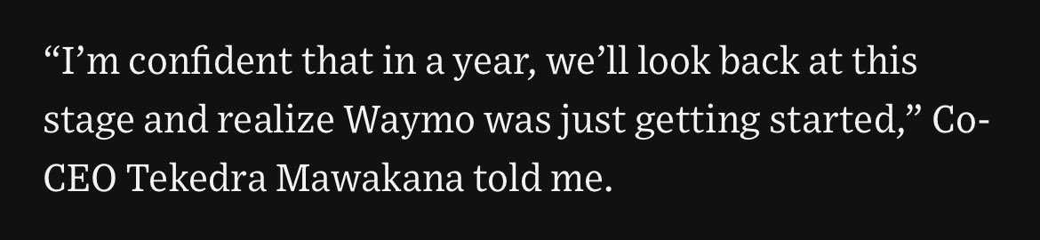 Waymo did 5M paid rides the first 5 months of this year and mgmt is talking like this

$TSLA bulls are talking like they’re going to be running laps around them in very short order. Before a single robotaxi ride!

I’d give it a 98% chance they’re wrong. Likely by a wide margin