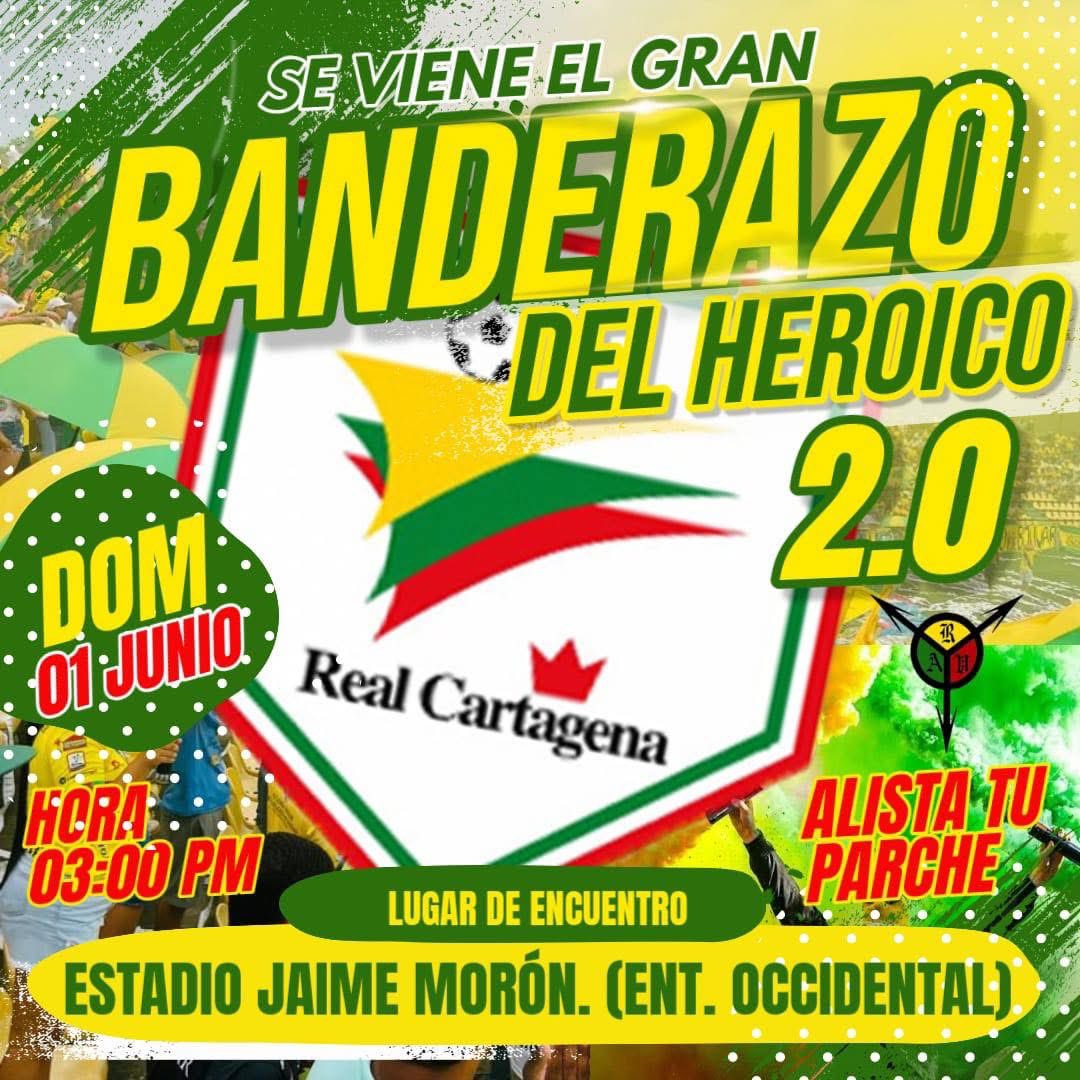 📣SE VIENE OTRO BANDERAZO QUE PARALIZARÁ LA CIUDAD🚍🔰

🟡🟢INVITACIÓN ABIERTA A TODA LA HINCHADA EN GENERAL DE REAL CARTAGENA🟡🟢

Nos vemos el DOMINGO a las 3:00 P. M. en el ESTADIO, en la entrada de la tribuna OCCIDENTAL‼️
 <a href="/rebelionravn/">Rebelión Auriverde Norte Oficial</a>