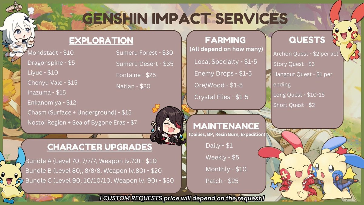 PikaPilots's tweet photo. pikapilots’ wuwa, hsr, &amp; genshin piloting services! ｡𖦹°‧

Don’t have time to play your favorite games? Worry not because Pika Pilots are here to help ⭑.ᐟ

‼️PLEASE READ TERMS AND CONDITIONS‼️

DM to avail.

#WutheringWaves #GenshinImpact #HonkaiStarRail https://t.co/CxY9Kn5Nzb