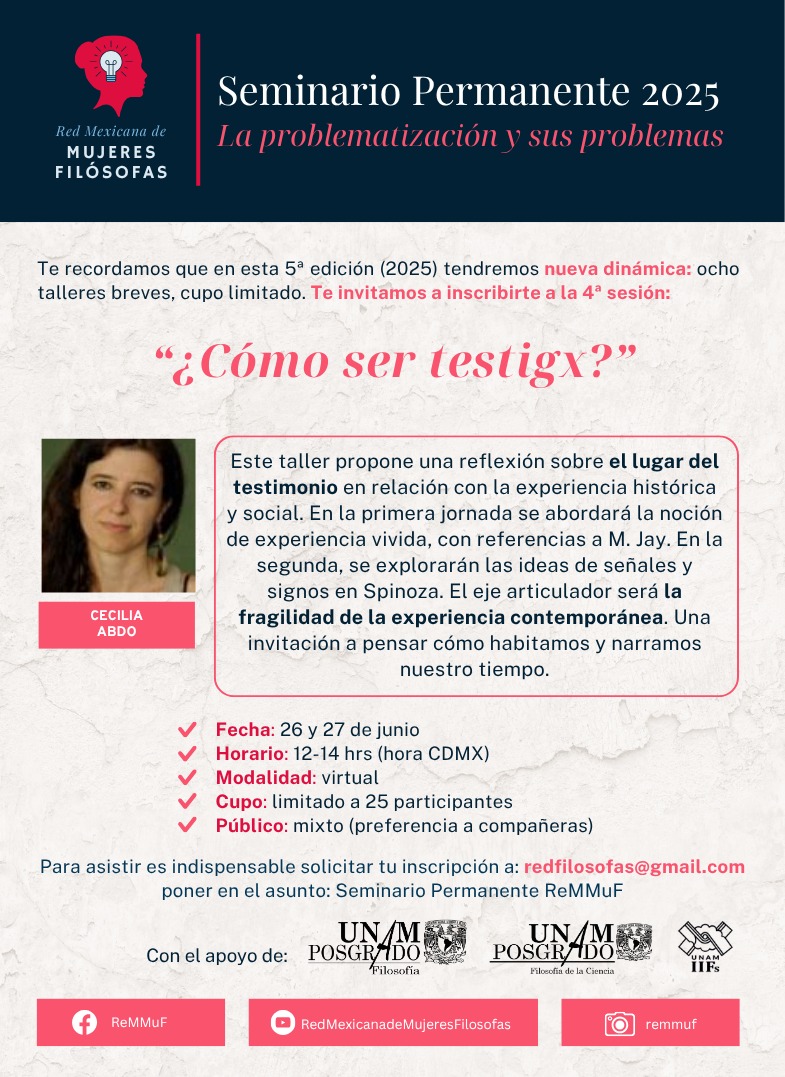 Red Mexicana de Mujeres Filósofas (@remmuf) on Twitter photo Ya viene la cuarta sesión de nuestro Seminario Permanente y con él llegamos alnfin de la primera mitad de 2025. ¡¡no se lo pierdan!!
En esta ocasión será en línea y tendremos la presencia de la quierida y admirada Cecilia Abdó.
Regístrense en redfilosofas@gmail.com Ya viene la cuarta sesión de nuestro Seminario Permanente y con él llegamos alnfin de la primera mitad de 2025. ¡¡no se lo pierdan!!
En esta ocasión será en línea y tendremos la presencia de la quierida y admirada Cecilia Abdó.
Regístrense en redfilosofas@gmail.com