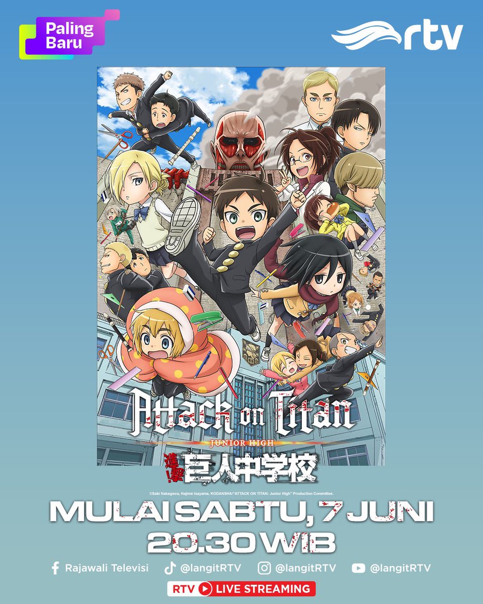 Siapa nih yang udah gak sabar mau nonton serunya hari - hari Eren, Mikasa dan Armin melawan para Titan?

ATTACK ON TITAN JUNIOR HIGH mulai Sabtu, 7 Juni pkl. 20.30 WIB di RTV Makin Cakep!

#RTVDigital #AOTRTV #attackontitan