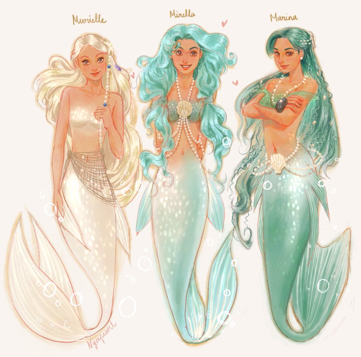 nympearl's tweet image. Soo here are the sisters!!!
Marina, the eldest. She is wise beyond her years. Mirella, the sweet middle sister, frequently brought them together, whilst Murielle, the youngest, was full of questions and dreams as bright as seafoam 🫧 #ocs