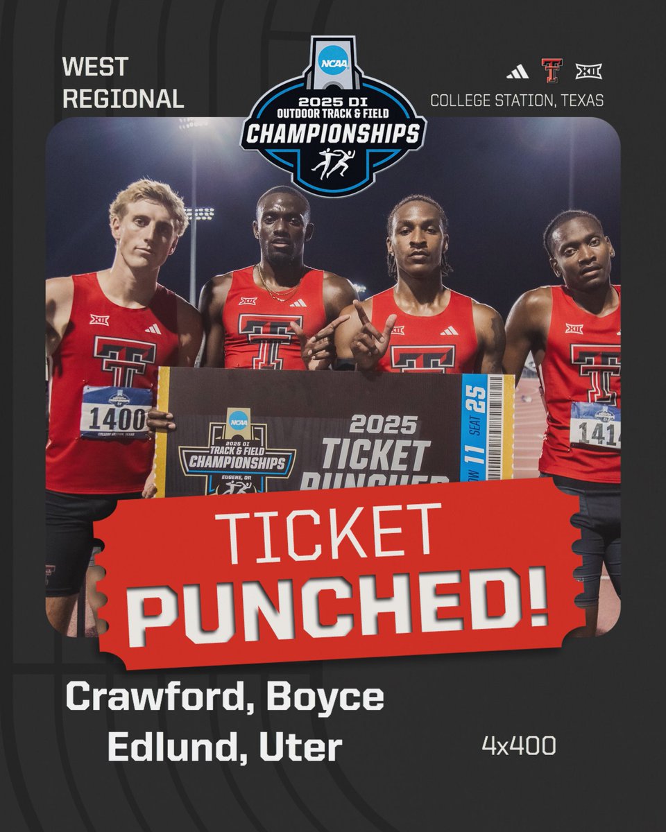 𝑬𝑼𝑮𝑬𝑵𝑬 𝑩𝑶𝑼𝑵𝑫 🌲

The men’s 4x4 relay team is in‼️The Red Raiders run 3:02.37 (SB) placing 3rd overall tonight 🤝

The time is No. 5 in Texas Tech history 🫡